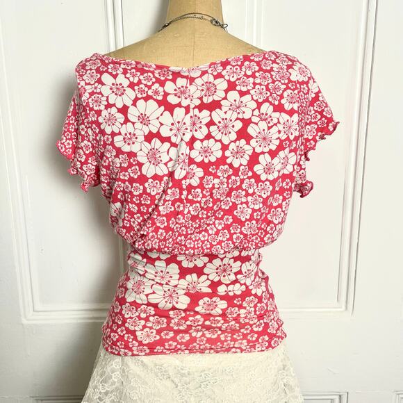 Floral pink/white semi off shoulder top with cowl top and cinched waist size XS - Picture 6 of 8